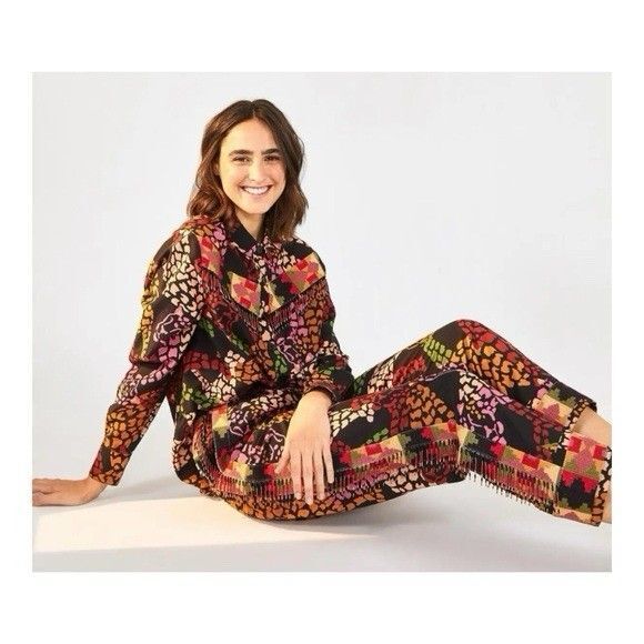 FARM Rio Mixed Multicolor Leopard Printed Pants Embroidered Beaded Fringe Size L - Picture 1 of 16